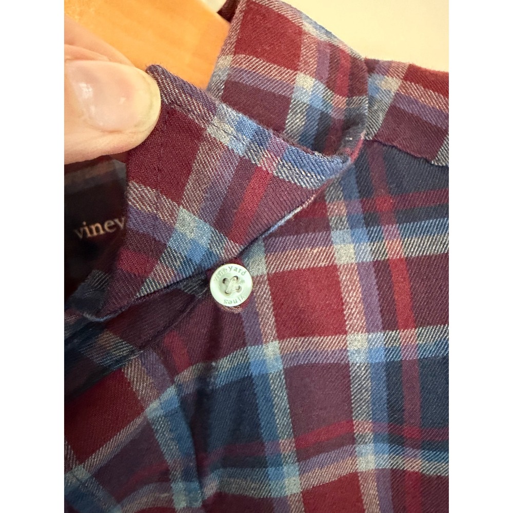 Vineyard Vines Tech Twill Plaid Shirt Mens XS Burgundy Blue Hidden Collar Button - Picture 7 of 8